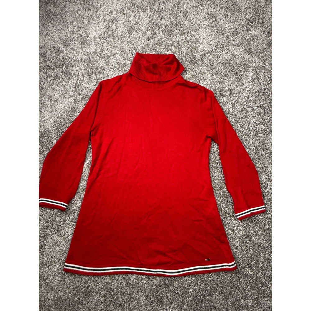 Tommy Hilfiger Red Turtleneck Sweater Dress Womens Small Striped Trim Knit